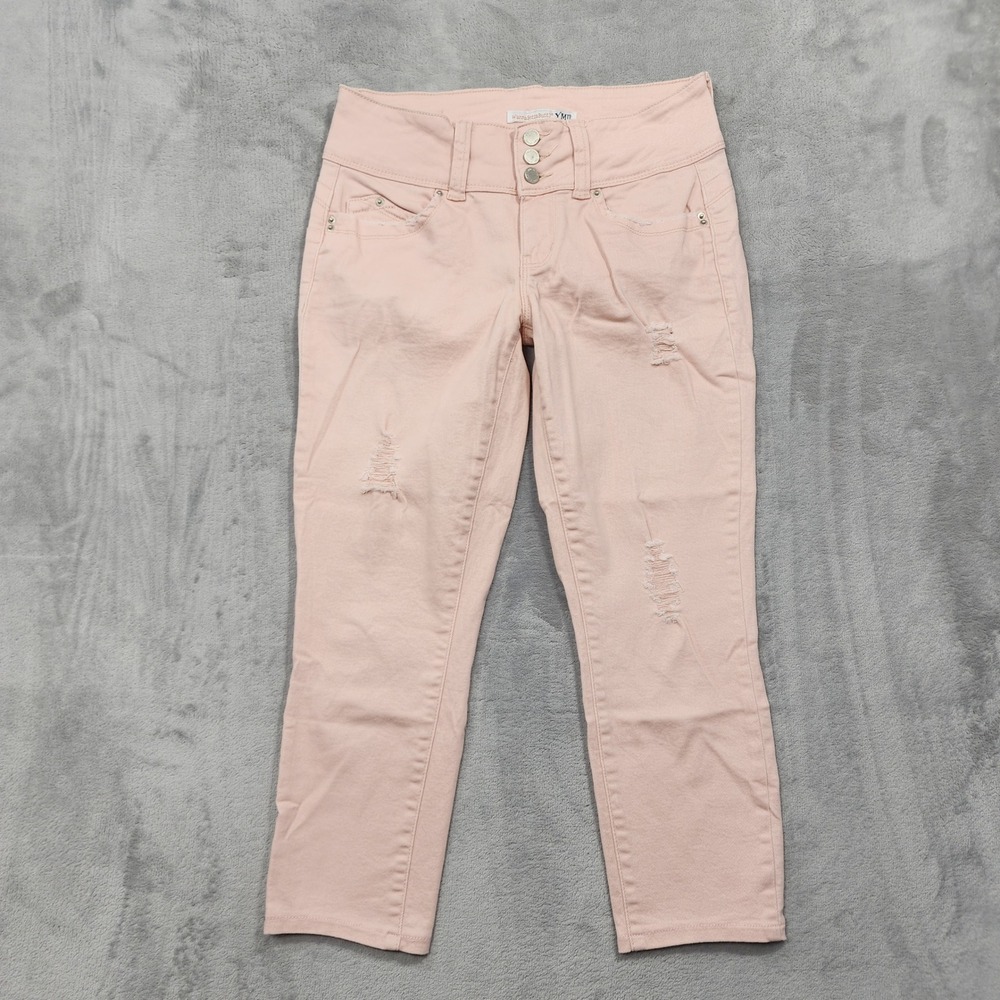 YMI Jeans Womens 7 Juniors Pink Peach Wannabettabutt Distressed Capri Skinny‎